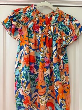 BiBi Multicolor Tropical Print Top — Coral, Teal, Blue, Green